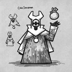 a drawing of a person holding an apple and wearing a costume with other items around him