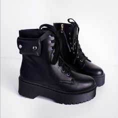 Our Galileo Shoes Are The Perfect Boots. It Has A Thick Platform, A Soft Vegan Leather, Soft Stretchy Laces, A Side Zipper For Easy Slip On And A Little Pouch On Its Outer Ankle Side That Is Removable. Winter Must Have! Runs True To Size. For Half Sizes Take A Size Up! Platform Height: 3 " Imported. Half Boots Women, Slytherin Jewelry, Half Boot, Platform Combat Boots, Half Boots, High Sandals, Dream List, Winter Must Haves, Fantasy Closet