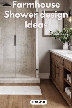 a bathroom with white walls and wood floors is featured in the magazine farmhouse shower design ideas