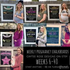 a collage of photos with the words weekly pregnancy chalkboards and images of pregnant women