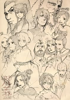 an old drawing of many people with different facial expressions