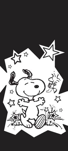 a black and white drawing of a cartoon dog with stars around it's neck