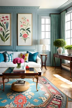 a living room filled with furniture and paintings on the wall next to a coffee table