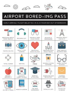 an airport boarding pass is shown in this graphic style, which includes icons and symbols