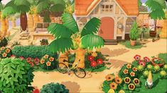 a house surrounded by trees and flowers with a bicycle parked in the front yard next to it