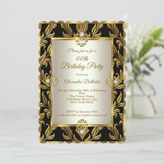 a black and gold birthday party card with an ornate frame on the front, surrounded by flowers