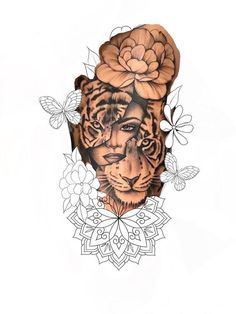 a drawing of a tiger with flowers on it's head