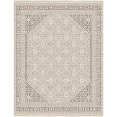 a beige and grey rug with an intricate design on the center, in front of a white background