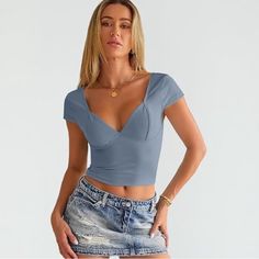 Nwt. This Stretch Material/Fabric Is Comfortable, 85% Nylon 15% Spandex. This Is More Of A Crop Top If You Have A Long Torso. The Color Is More Of A Blue Grey. V Neck Crop Top, Long Torso, Neck Crop Top, Deep V Neck, Deep V, Blue Grey, Crop Top, Womens Tops, Spandex