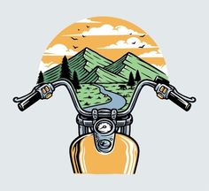 a drawing of a motorcycle with mountains in the background