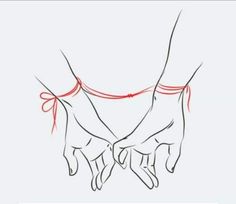 two hands tied together with red string on each hand and the words, how to draw hands