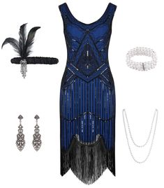 PRICES MAY VARY. Package Included-1 x sequin sleeveless flapper dress, 1 x long satin gloves,1 xfeather headband, 1 x pearl necklace, 1 x earrings, 1 x pearl bracelet, 1 x fishnet stockings. Vintage Elegant Glam-The flapper dresses 1920s made of polyester fabric and soft fringe, delicate bead and sparkling sequins design, the enchanting dresses that feature a seductive V-neckline and a daring backless design, adding a touch of feminine allure to 20s outfit. Inspired by the flapper style, these d 1920s Outfits Women, Roaring 20s Accessories, Flapper Dresses 1920s, 20s Accessories, Long Satin Gloves, 20s Outfit, Beaded Fringe Dress, Fringed Dress, 1920s Women