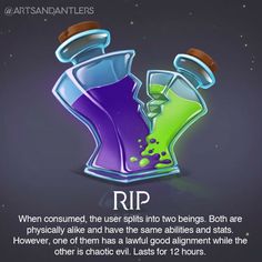 an image of two bottles with liquid in them and the caption reads rip when consumed, the user splits into two beings both are physically and have