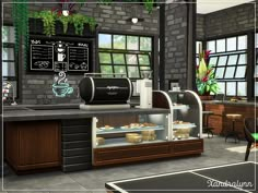 The Sims Resource - Student Cafe Sims 4 Cc Cafe Furniture Patreon, Student Cafe Design, Sims 4 Cafeteria Cc, Sims 4 Cafe Layout, Sims4 Cafe Cc, Sims Coffee Shop, Sims Cafe Ideas, Sims 4 Cafe Cc Patreon, Coffee Shop Sims 4