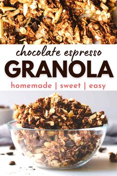 chocolate espresso granola in a glass bowl with the title text above it