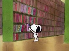 a cartoon dog looking at books in a library