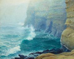 an oil painting of waves crashing against the cliffs