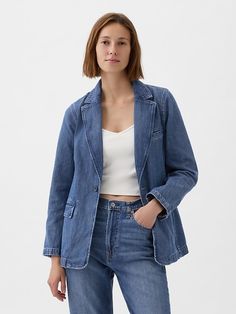 Denim Blazer Denim Blazer Outfit, Womens Moto Jacket, Beige Suits, Corduroy Blazer, Denim Blazer, Cotton Blazer, Gap Jackets, Notch Collar, Gap Denim