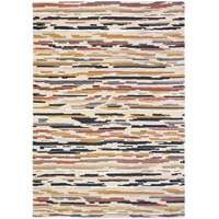 a multicolored rug with stripes and lines on the bottom, in various colors