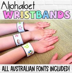 three children's wristbands with numbers on them and the words alphabet wristbands