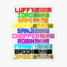 the many names of anime characters in different colors and font on white background sticker