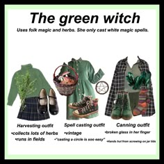 Green Witch Style, Nature Witch Clothing, Green Witch Clothes, Green Witch Outfit Aesthetic, Garden Witch Outfit, Green Witch Fashion, Green Witch Aesthetic Outfit, Forest Witch Aesthetic Fashion, Earth Witch Outfit