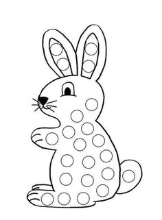 a bunny sitting down with dots on it's chest and the words happy easter written in