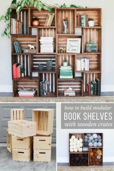 how to build modular book shelves with wooden crates