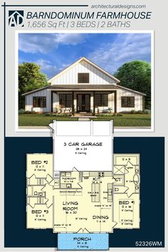 the barn house plan is shown with three bedroom, two bathrooms and an attached garage