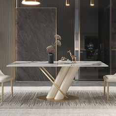 an elegant dining room with marble table and chairs