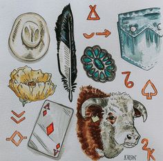 a drawing of various items that include cards, feathers, and other things to draw