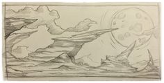 a pencil drawing of a landscape with clouds and planets in the sky, on paper