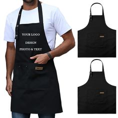 a man wearing an apron that says your logo design photo and text on the front