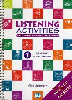 an activity book for listening activities with pictures and text on the front cover, including a checkerboard pattern