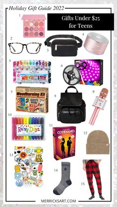 gifts under $ 25 for teens with the words holiday gift guide on top of it