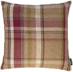 a brown plaid pillow with red and tan checks on the front, sitting on a white background