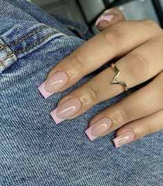 Baby pink nails, french nails Pink Tip Nails, Baby Pink Nails, Baddie Nails, Beige Nails, French Tip Acrylic Nails, Her Nails, Work Nails, Short Square Acrylic Nails