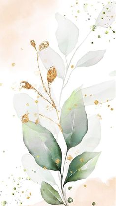 a watercolor painting with leaves and gold glitters on the bottom half of it