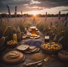 AI generated Lammas/ Lughnasadh themed art of a lavender field at sunset, with a feast of mead, bread, yellow fruits, and lavender sprigs on a table at the front of the image. Purple Front Doors, Altar Ideas, Autumnal Equinox, Romantic Summer, Pentecost, Witchy Things