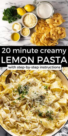 lemon pasta with parmesan cheese in a bowl and ingredients to make the dish