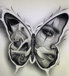 a drawing of a woman's face and butterfly wings