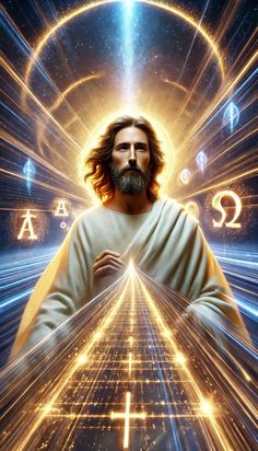 jesus in the center of an image with glowing lines and stars around him, as if he is holding his hands together