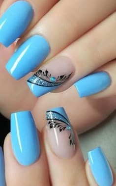 Kutek Disney, Manicure Nail Designs, Beauty Nails Design, Trendy Nail Art Designs, Pretty Nail Art Designs, Nail Art Designs Videos, Blue Nail, Trendy Nail Art