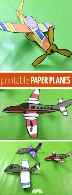 paper airplanes are shown in three different views, one is green and the other is red