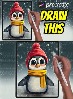 the penguin is wearing a red hat and yellow scarf, while holding a white pen