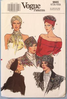 Vogue 9665.   Vintage 1986 turban, hat and headband pattern.   Sizes XS, S, M, L (head size 21"-24") Pattern is partially cut and complete. As described, "A: bias, self lined pleated turban with pleat knot.  B: self lined tucked turban with twist.  C: lined, pleated hat with attached tucked drape.   D,E: bias, lined hat with crown." Lovely fashion hats. 1950s Vogue, Vintage Turban, Women's Sewing Pattern, Head Coverings, Crown Pattern, Hat Patterns To Sew, Crown Hat, Vogue Sewing Patterns, Vogue Pattern