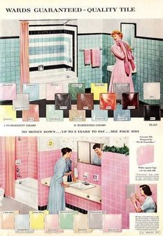 an advertisement for pink bathroom tiles from the 1950's, with women in bathrobes and towels