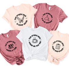 The Friend Who knows all the tea, plans everything, and keeps it real--these playful group shirts are perfect for highlighting what makes each friend special. Whether it's a girls' trip, a birthday celebration, or a casual hangout, these matching shirts add a touch of fun to any occasion. Designed with comfort in mind, these women's tees offer a flattering fit and come in stylish colors like white, heather peach, and heather mauve. Each shirt features a unique phrase with a matching icon, making Matching T Shirts Friends, Fun Crew Neck Shirt, Funny Slogan Tops For Gifts, Funny Slogan Tops As Gifts, Funny Slogan Tops As Gift, Friendship Shirts, Best Friend T Shirts, Girls Trips, Friend Vacation