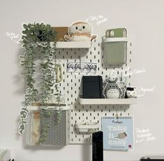 a white pegboard with some plants and other things hanging on it's wall