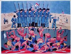 an image of a painting with men in uniform and people on the beach behind them